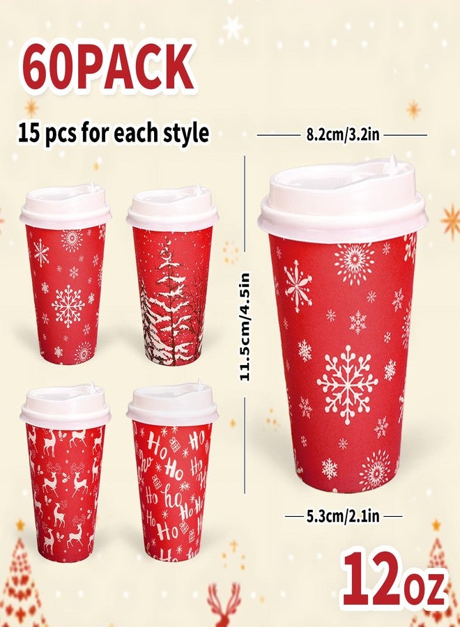 JarThenaAMCS مجموعة أكواب ورقية من JarThenaAMCS، 60 كوبًا مع غطاء، سعة 12 أونصة، لون أحمر، للاستخدام مرة واحدة، بنقشة الأيل والثلج والغابة، مثالية لمشروبات حفلات الشتاء وعيد الميلاد. - Image 2